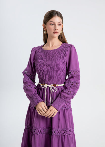 Women's Smocked Solid Color Lace Cutout Long Sleeve Maxi Dress