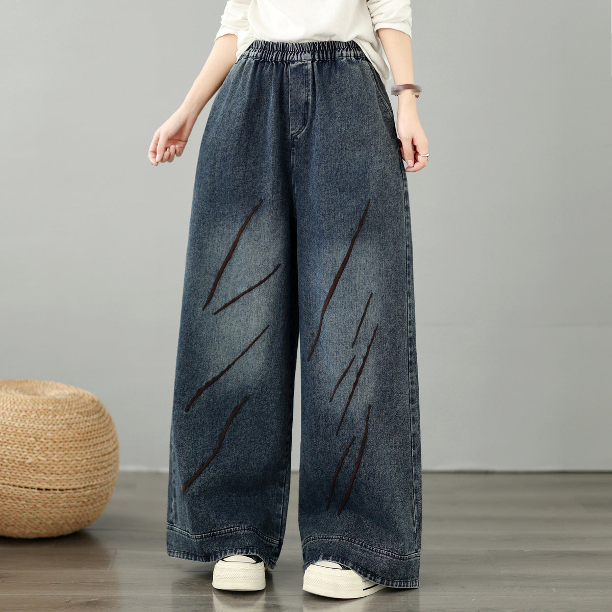 28668-Vintage Denim Wide-Leg Pants with Embroidery &Elastic Waist