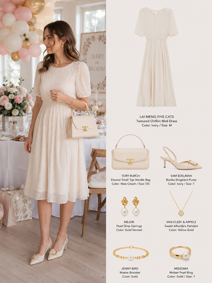 Ivory Textured Chiffon Midi Dress with Elastic Waist
