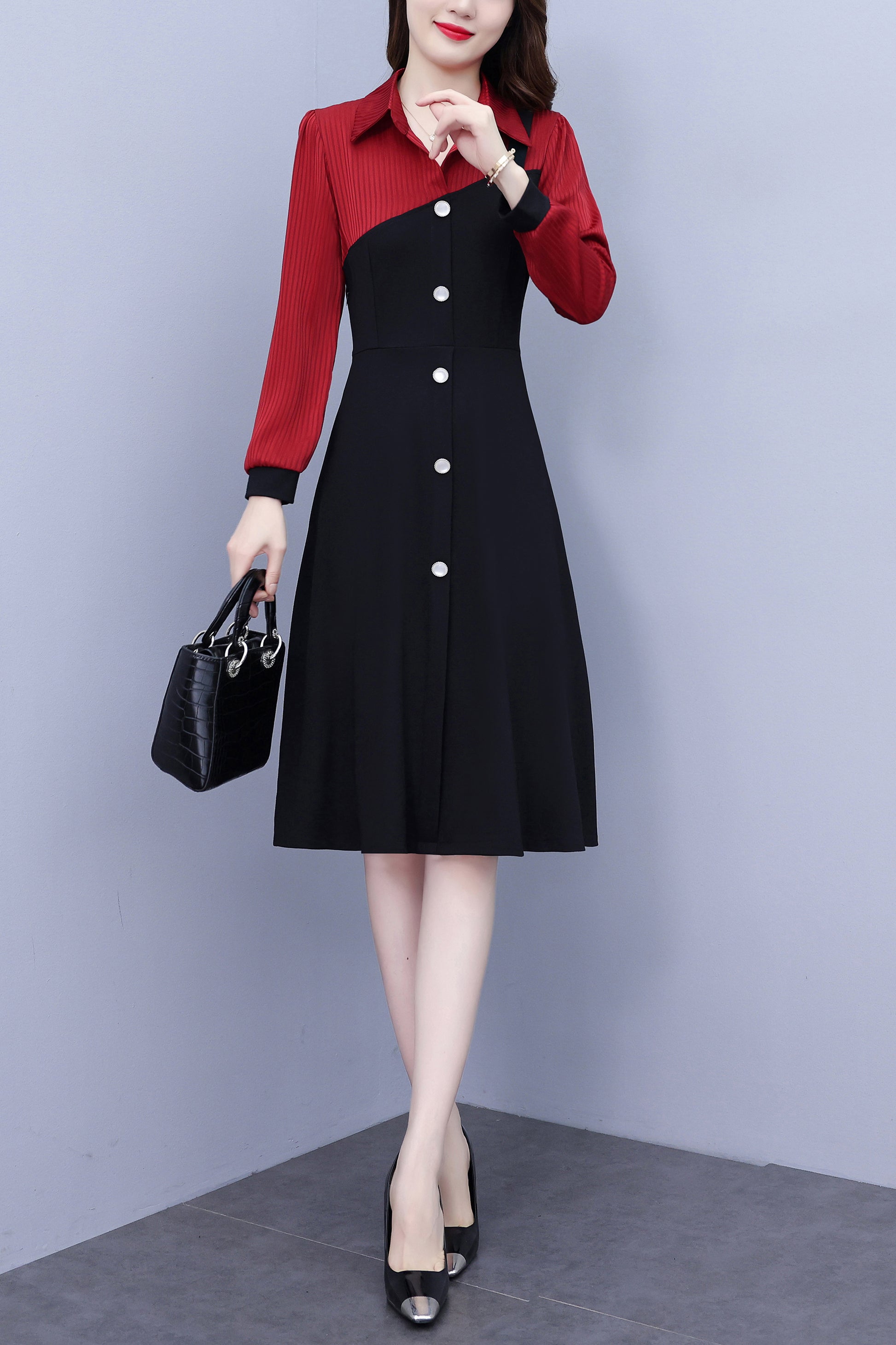 Women's V-Neck Long Sleeve with Pockets Black Dress - LAI MENG FIVE CATS