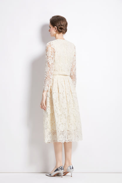 2 Pieces Chiffon Lace Button Midi Dress