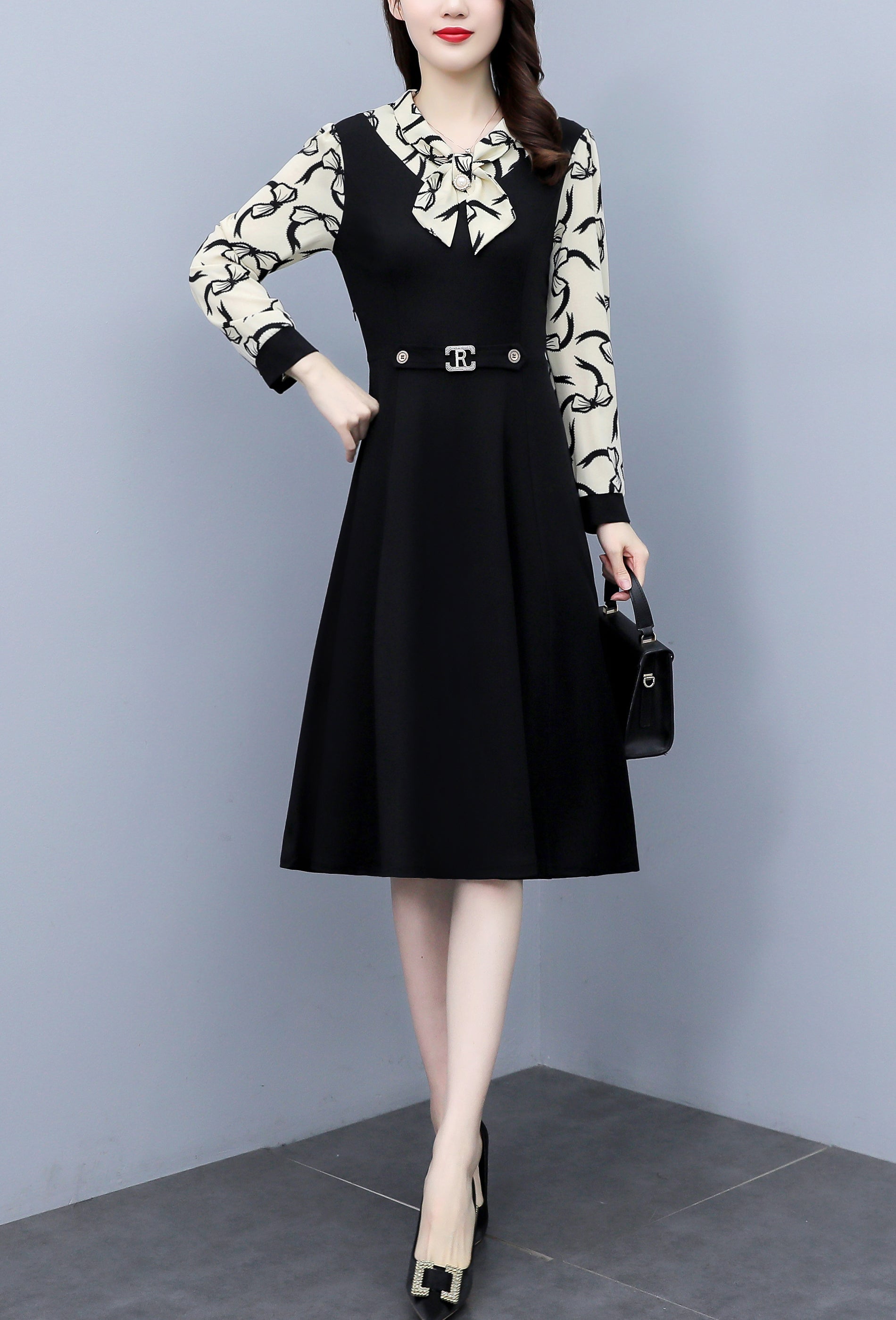 Women's Elegant Tie Neck Long Sleeve Black Dress - LAI MENG FIVE CATS