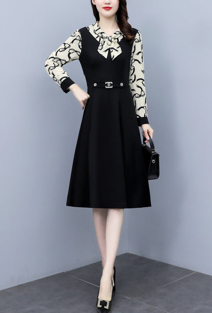 Women's Elegant Tie Neck Long Sleeve Black Dress - LAI MENG FIVE CATS
