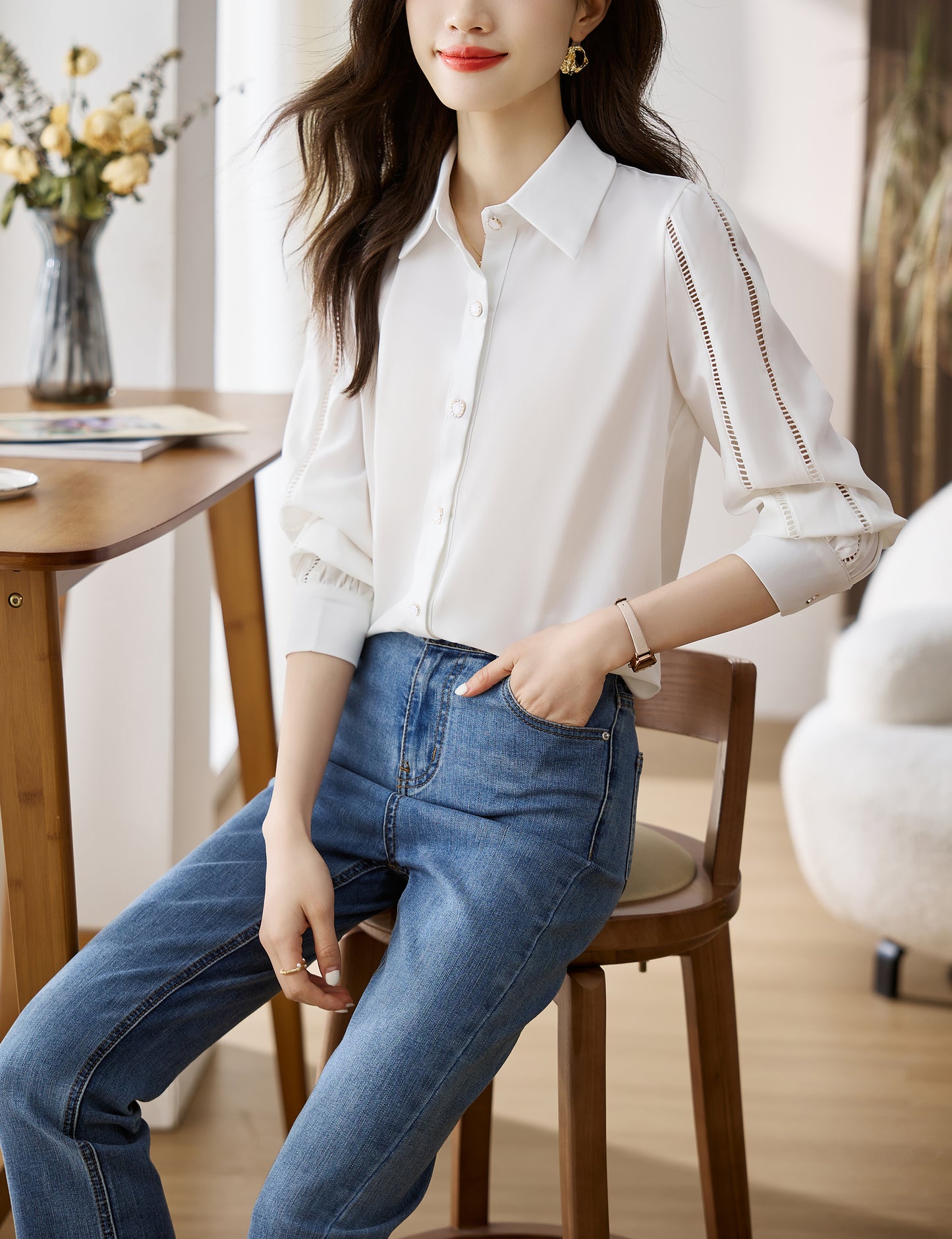 Women's Lapel Collar Long Sleeve Casual Button Blouse - LAI MENG FIVE CATS