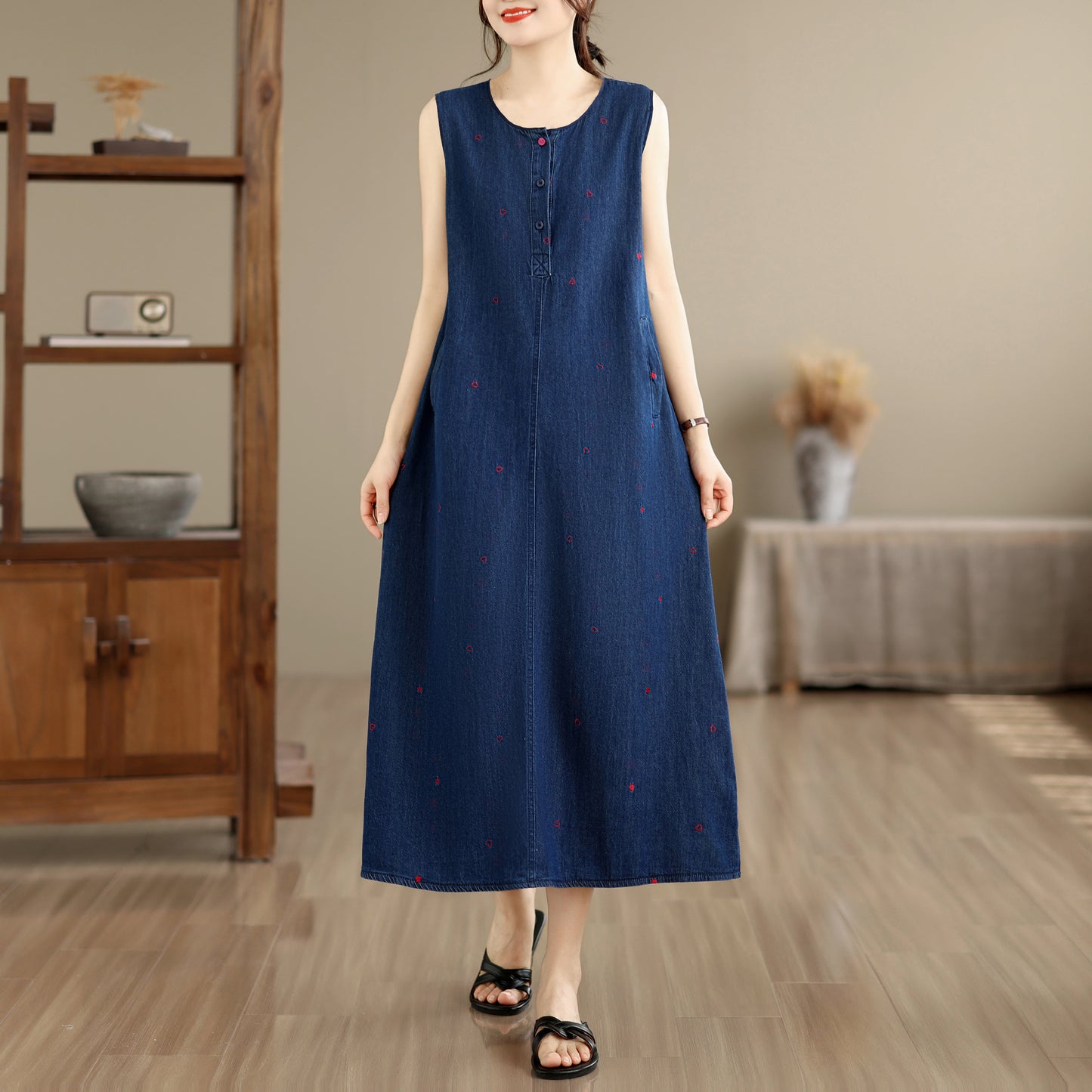 Sleeveless Denim Loose Lightweight Jean Midi Dress with Pockets
