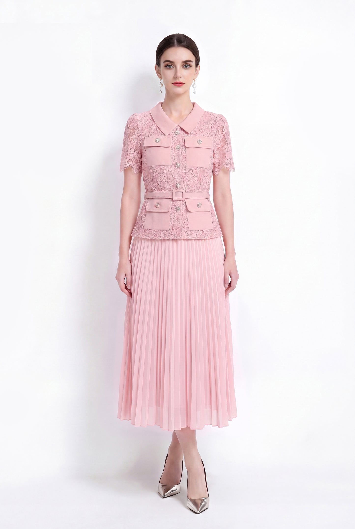 Lace Pleated Midi Dress | Elegant Fake Two-Piece Collared Dress