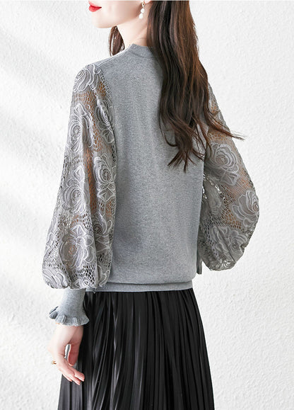 Women's Sweater Puff Sleeve Lace Knit Pullover Tops