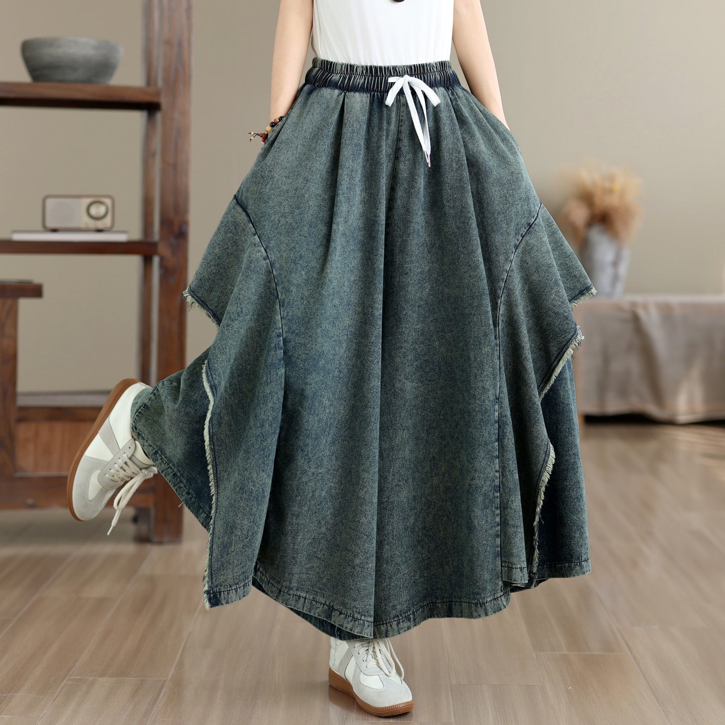 Women Loose Denim Skirt Pants Baggy Elastic Waist Casual Wide Leg Jeans