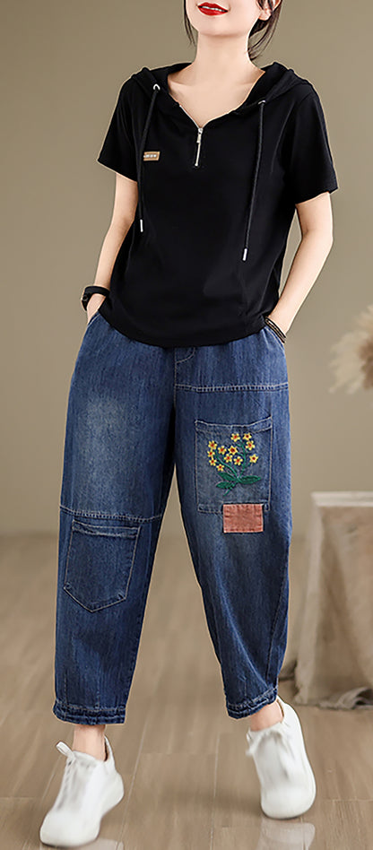 Women Loose Jeans Denim Pants Elastic Waist