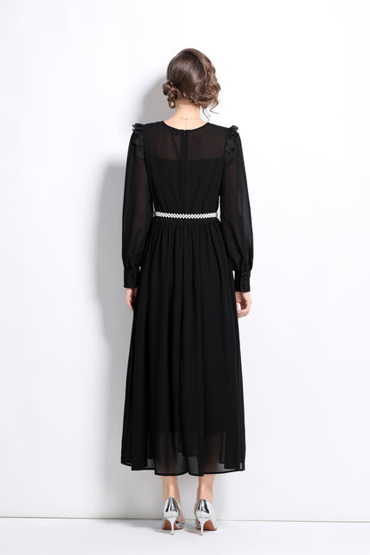 Lace Chiffon Puff Sleeves Maxi Dress with Belt