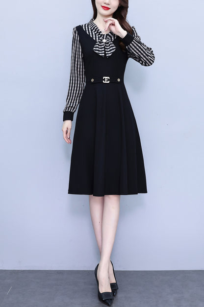 Women's Elegant Tie Neck Long Sleeve Black Dress
