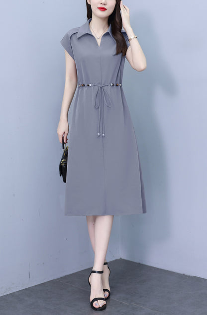 Women's V-Neck Cap Sleeve Pocket Midi Dress