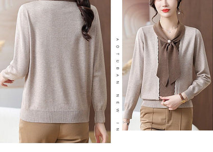 Women's Tie Neck Sweater Color Block Knit Pullover Tops