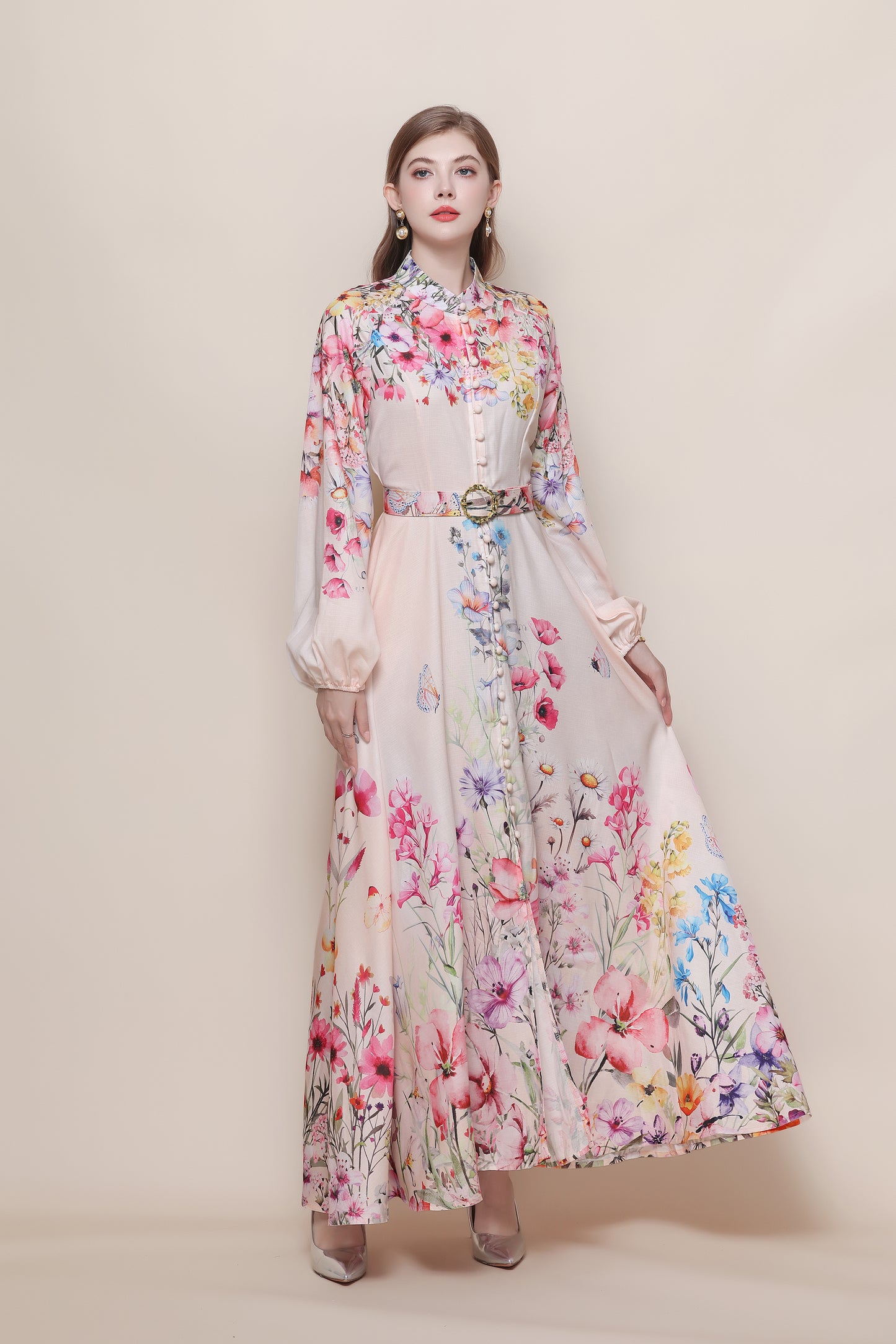 26-Women's Floral Print Puff Sleeve Button Maxi Dress - LAI MENG FIVE CATS