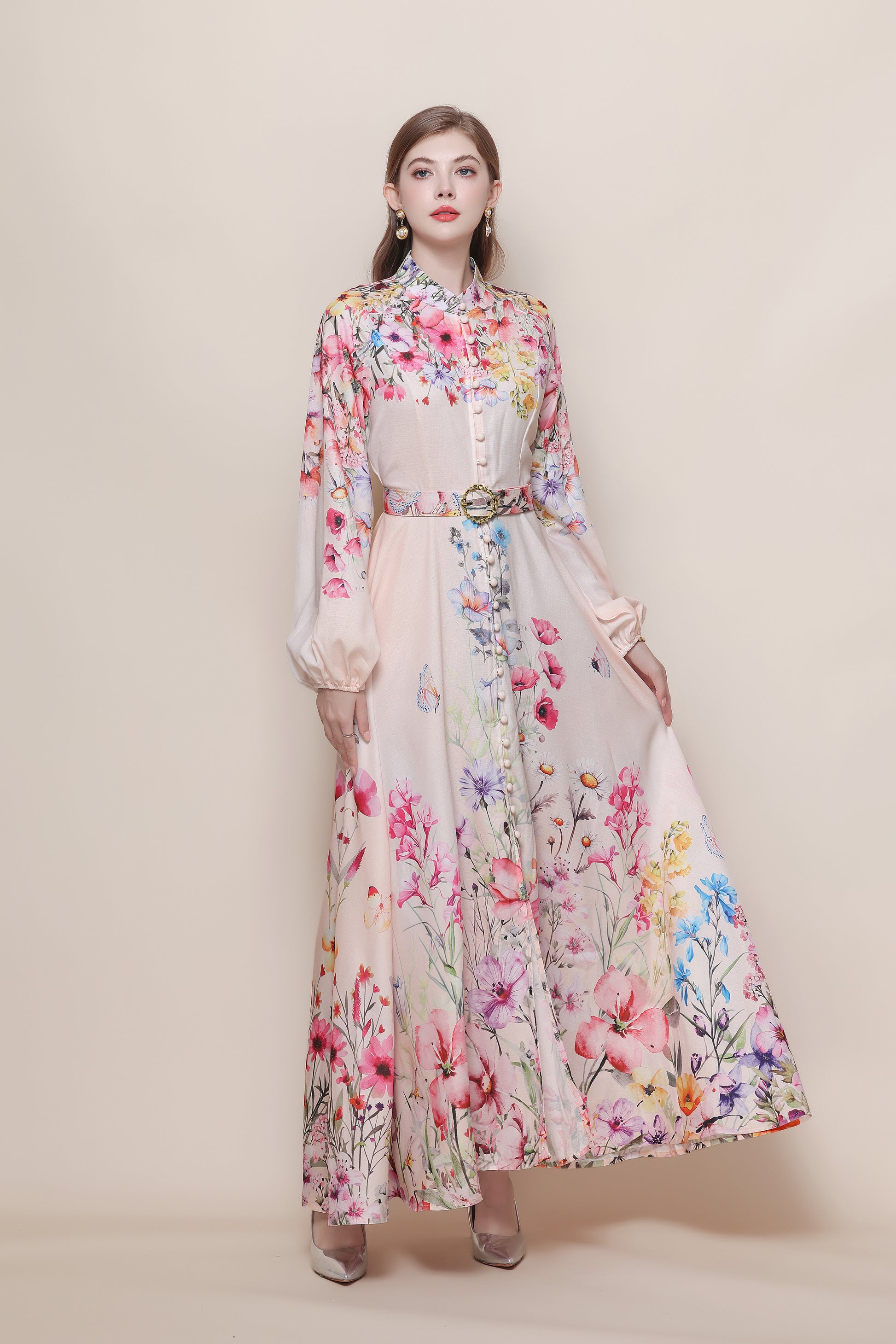 26-Women's Floral Print Puff Sleeve Button Maxi Dress - LAI MENG FIVE CATS