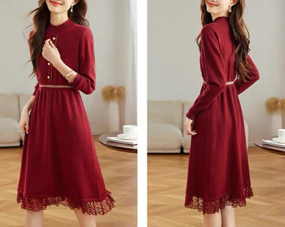 Women's Turtleneck Sweater Knit Lace Trim Midi Dress
