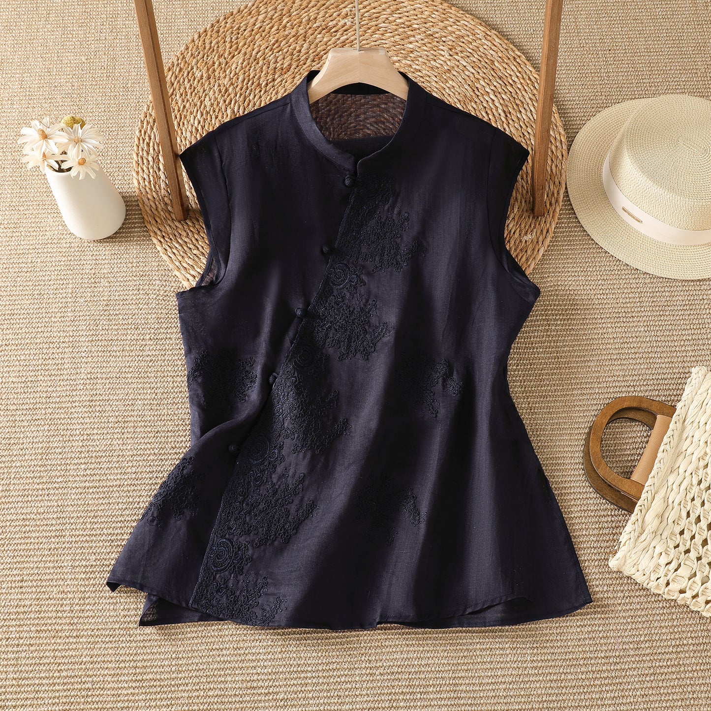 Embroidered Asymmetrical Cotton-Linen Blouse | Lightweight Summer Mandarin Collar Top