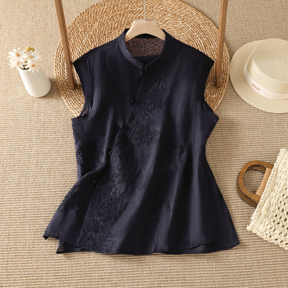 Embroidered Asymmetrical Cotton-Linen Blouse | Lightweight Summer Mandarin Collar Top