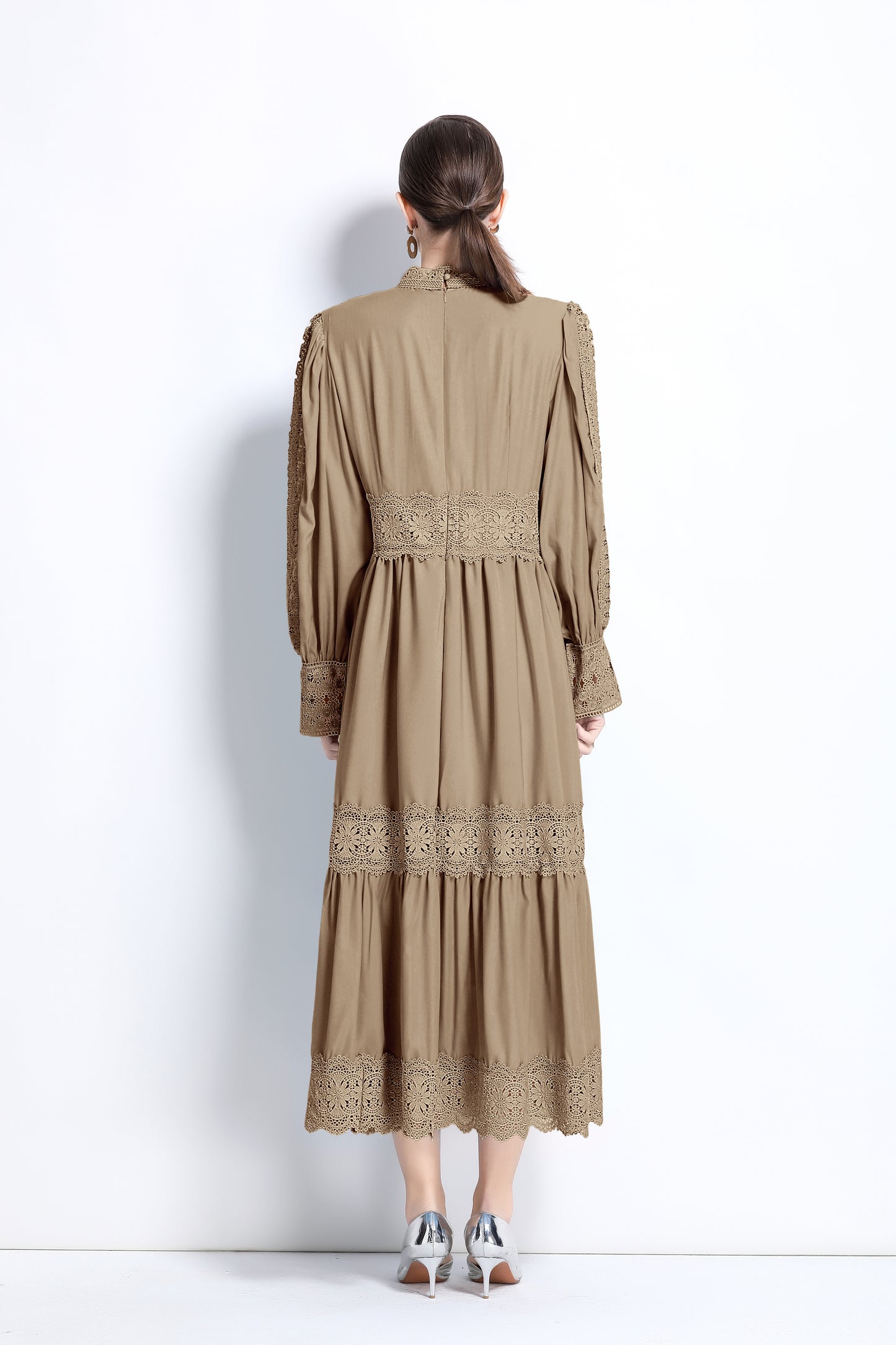 Women's Mock Neck Lantern Sleeve Lace Tiered Maxi Dress