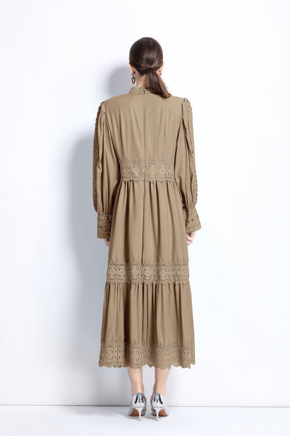 Women's Mock Neck Lantern Sleeve Lace Tiered Maxi Dress