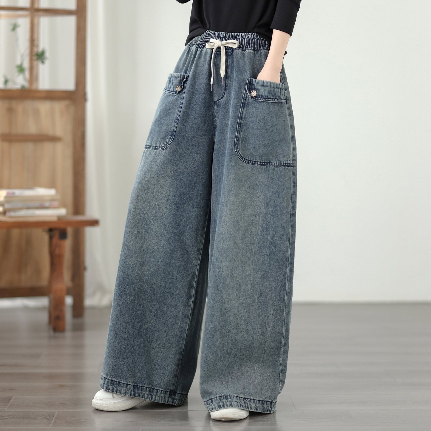 Jeans for Women Wide Leg Pull On Elastic Waist Denim - LAI MENG FIVE CATS