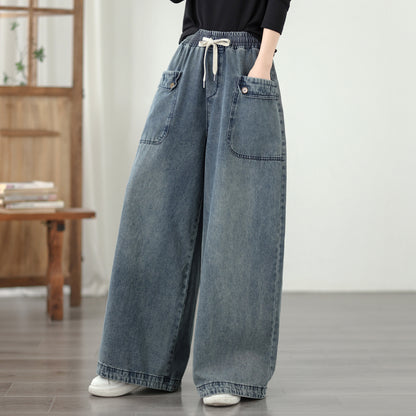 Jeans for Women Wide Leg Pull On Elastic Waist Denim - LAI MENG FIVE CATS