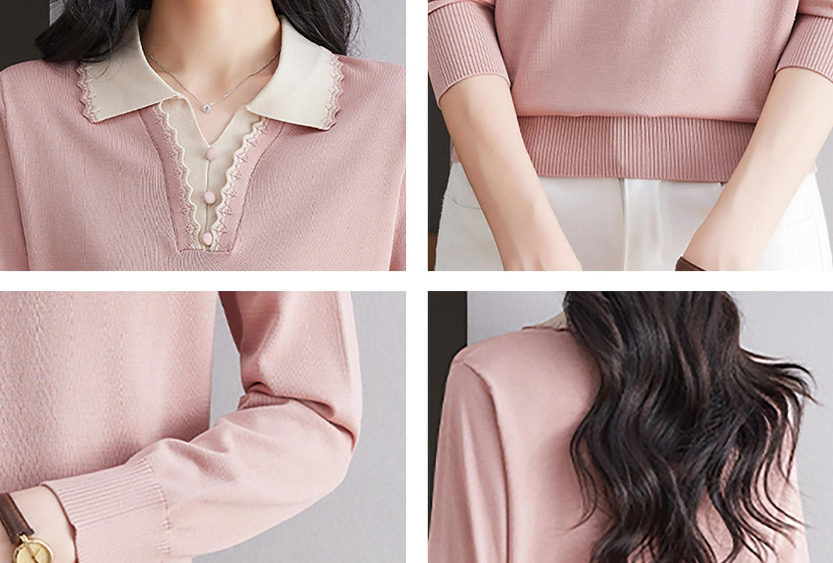 Women's Vintage Knit Top – Contrast Collar & Scalloped V-Neck
