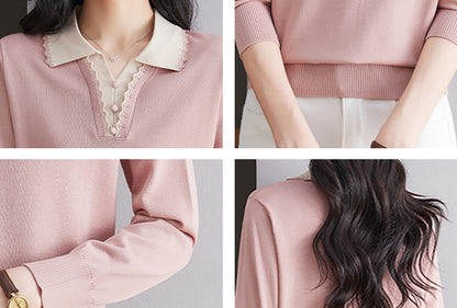 Women's Vintage Knit Top – Contrast Collar & Scalloped V-Neck