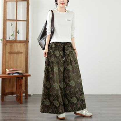 Boho Style Loose Fit Drawstring Floral Wide-Leg Denim Pants