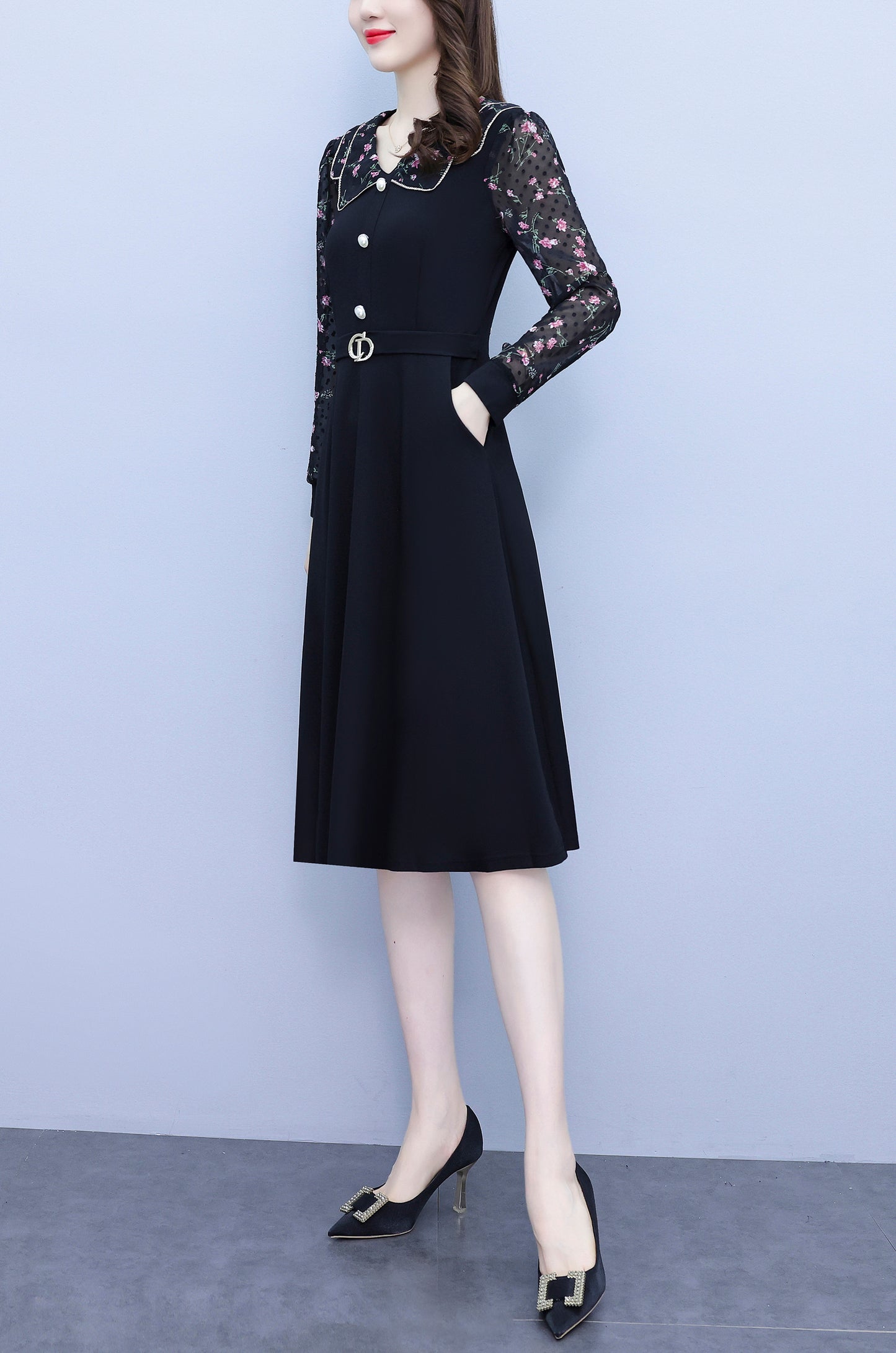Women's Peter Pan Collar Long Sleeve Pocket Midi Dress