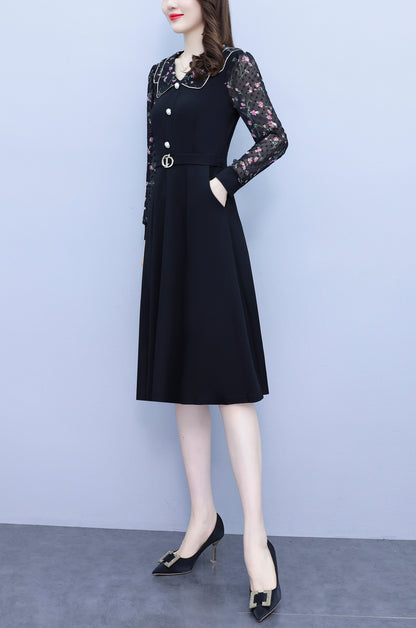 Women's Peter Pan Collar Long Sleeve Pocket Midi Dress