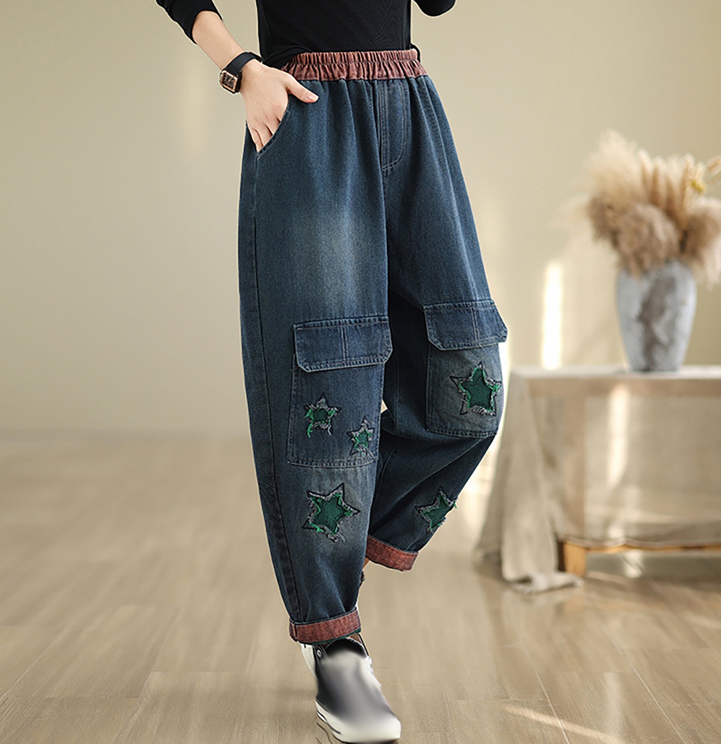 Women Loose Jeans Denim Pants Elastic Waist