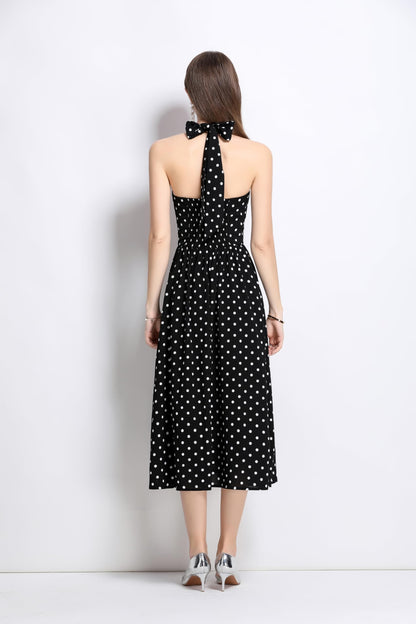 Women’s Polka Dot Halter Backless V-Neck Midi Dress