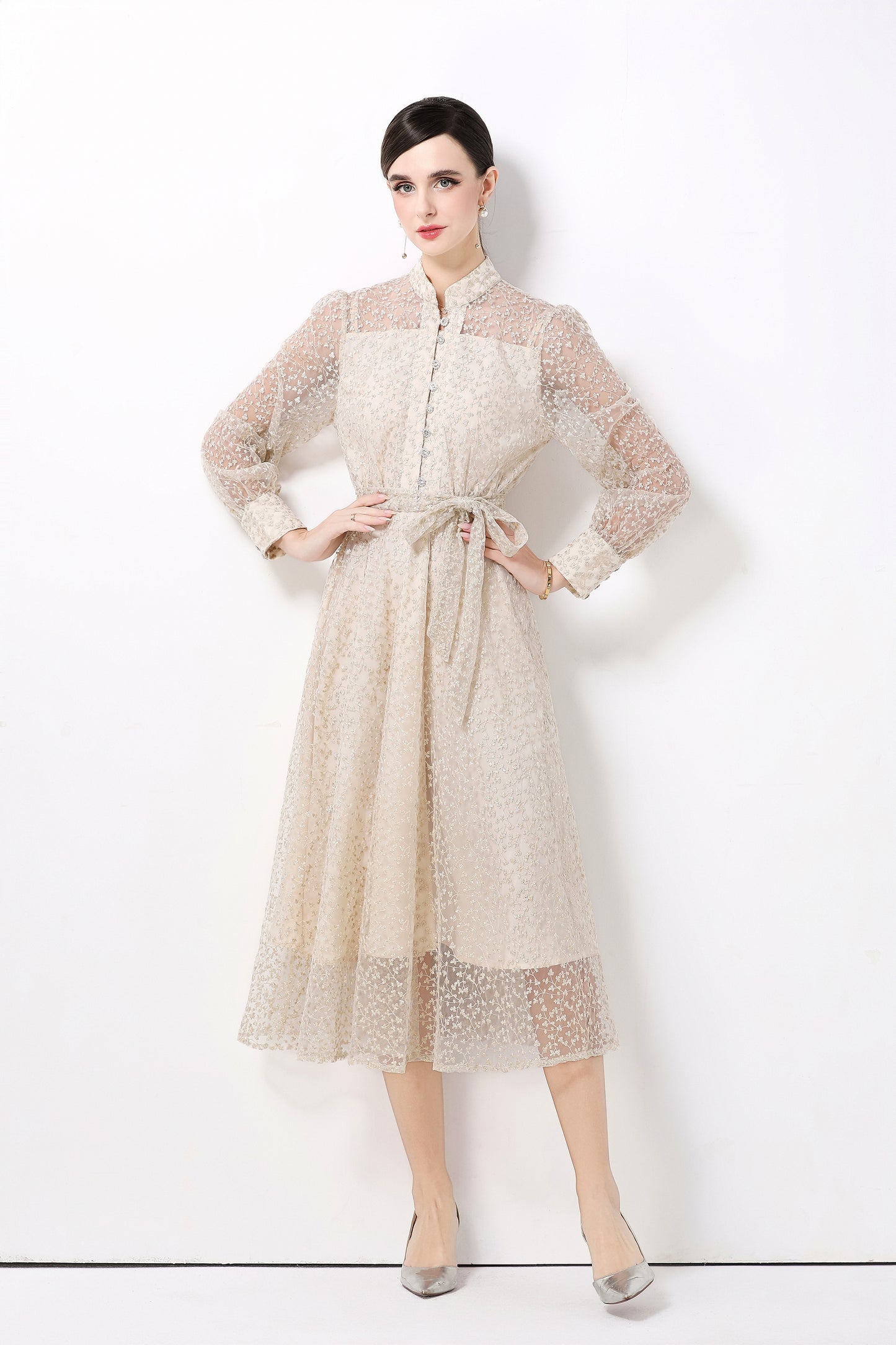 Women's Lace Lantern Sleeve Button Midi Dress
