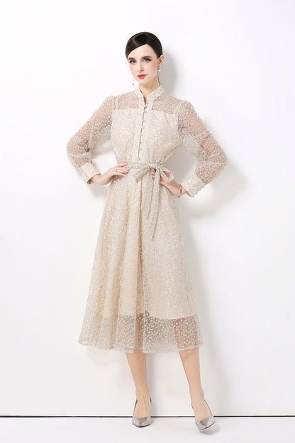 Women's Lace Lantern Sleeve Button Midi Dress