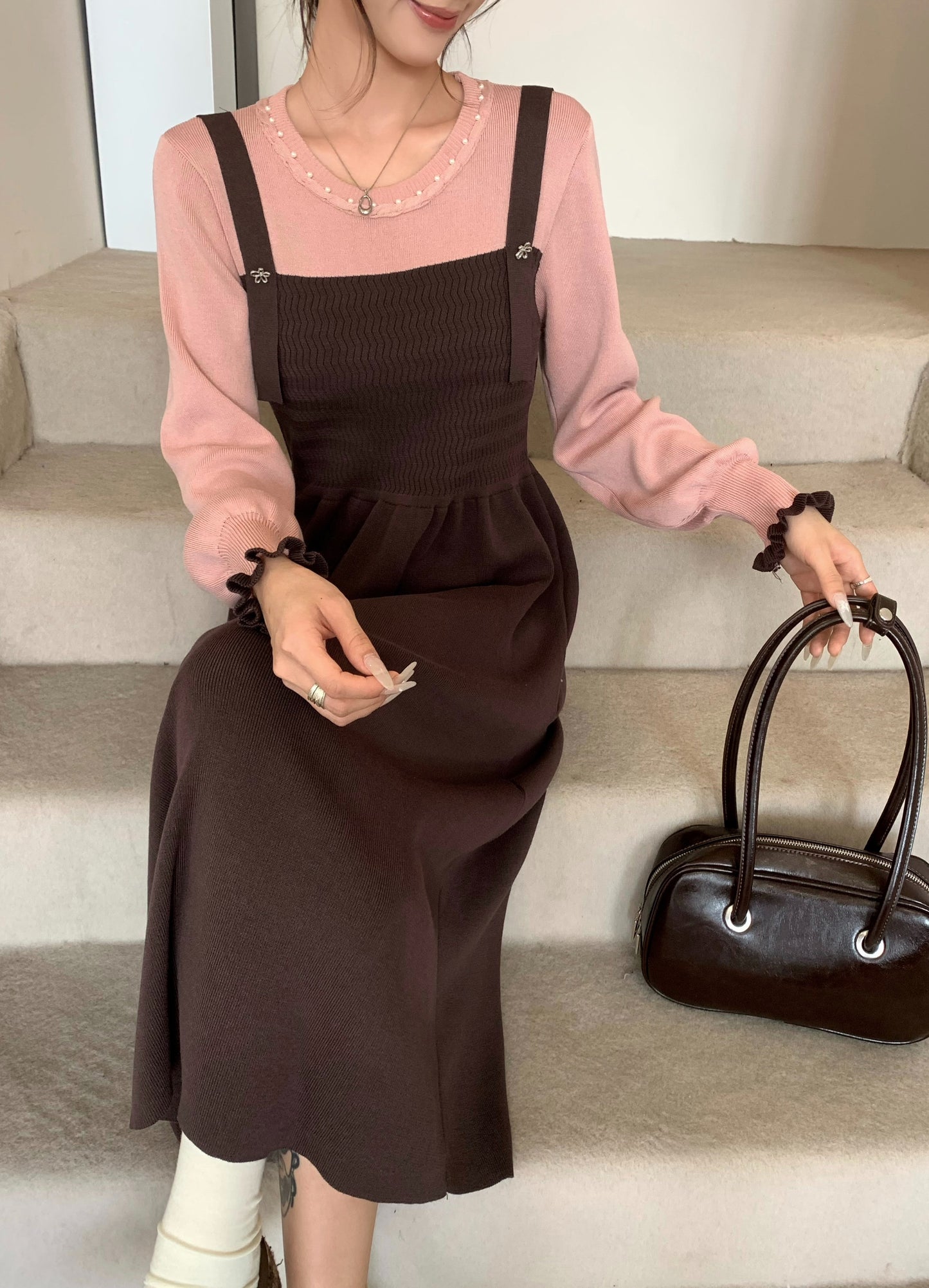 Women's 2 in 1 Sweater Knit Long Sleeve Midi Dress