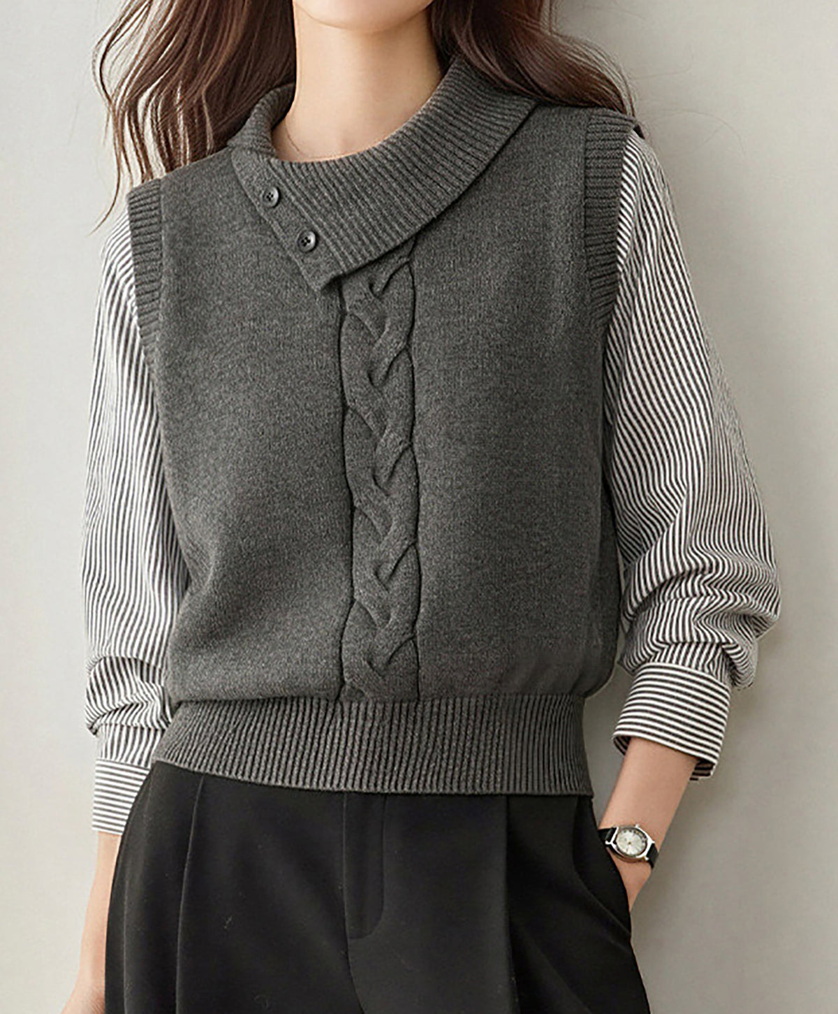 28726 Layered-Look Knit Sweater in Gray & Navy