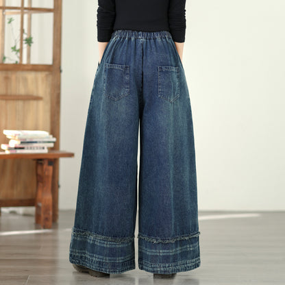 Women's Denim Wide Leg Baggy Jeans Drawstring Waist Pants - LAI MENG FIVE CATS