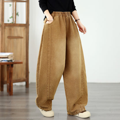 Vintage Khaki Denim Barrel Pants | Wide-Leg Lantern Fit & Elastic Waist