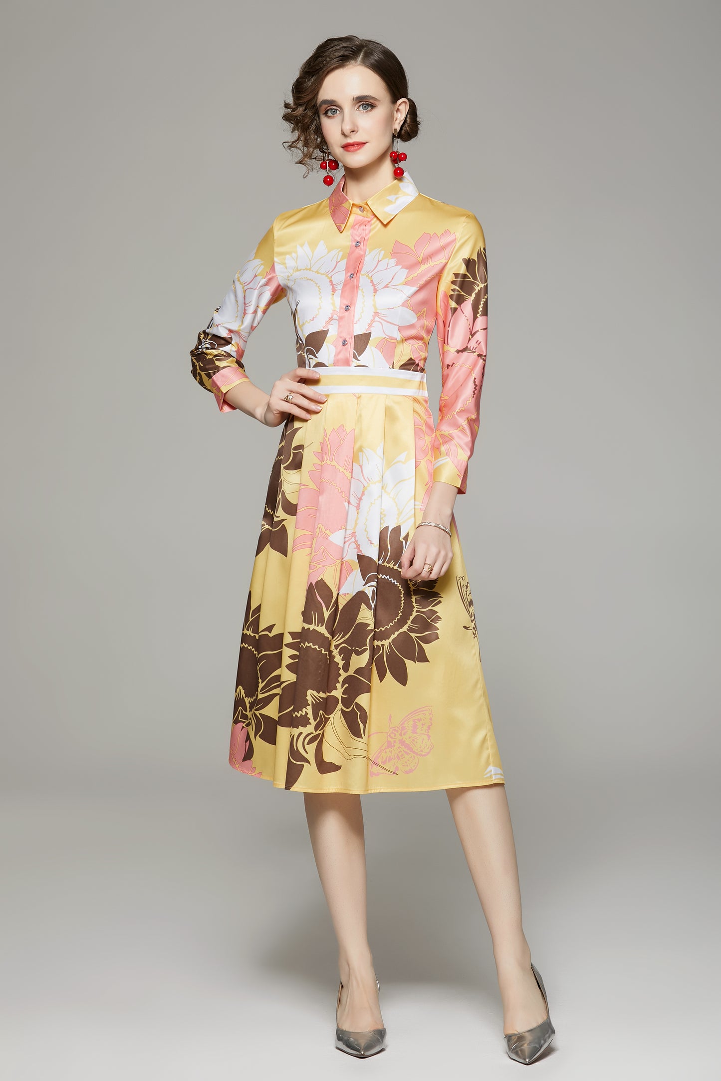 FSY-Women's Floral Print Button A-line Flowy Midi Dress