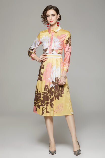 FSY-Women's Floral Print Button A-line Flowy Midi Dress