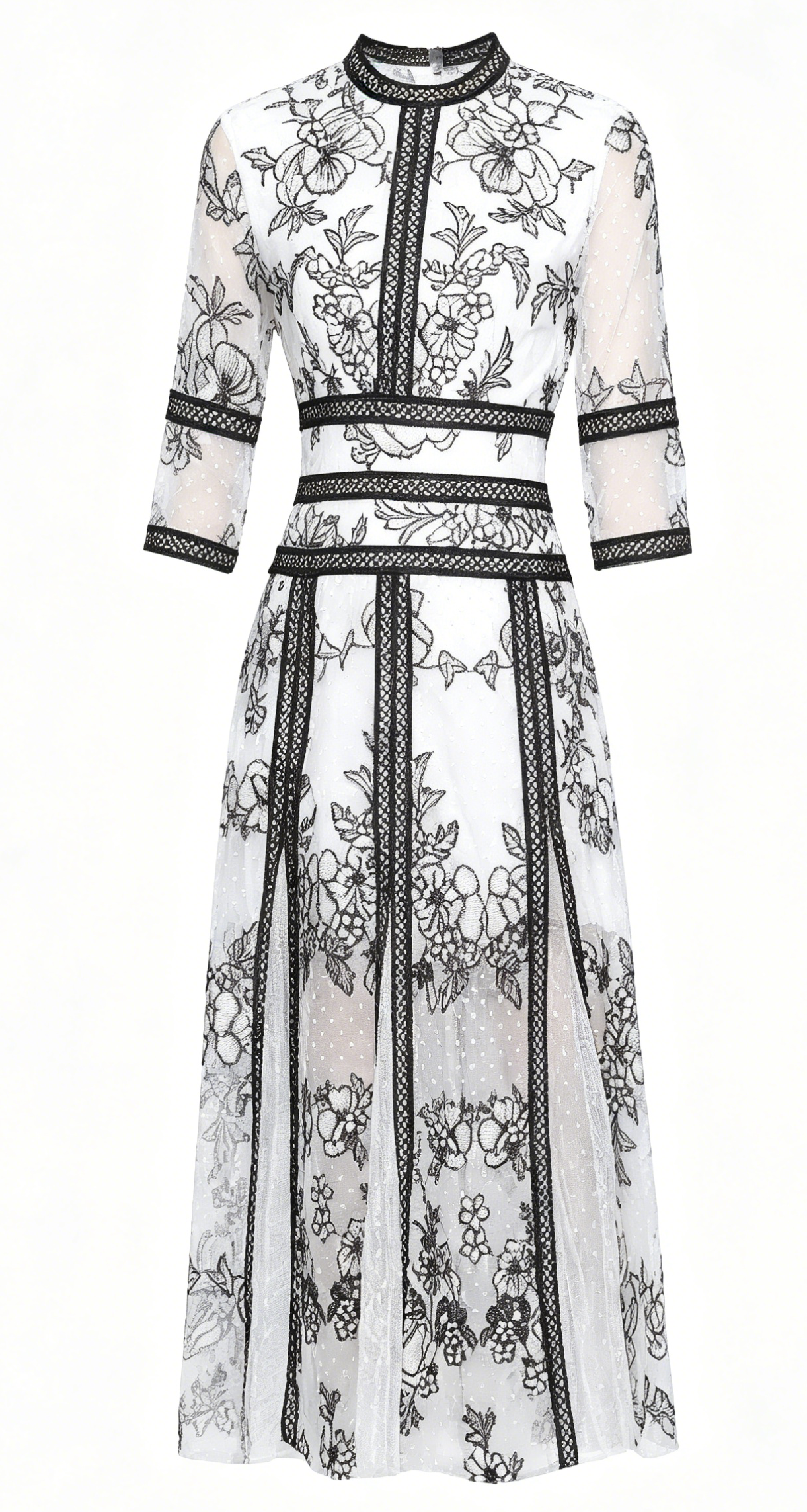 Elegant Embroidered Mesh Midi Dress – Black & White - LAI MENG FIVE CATS