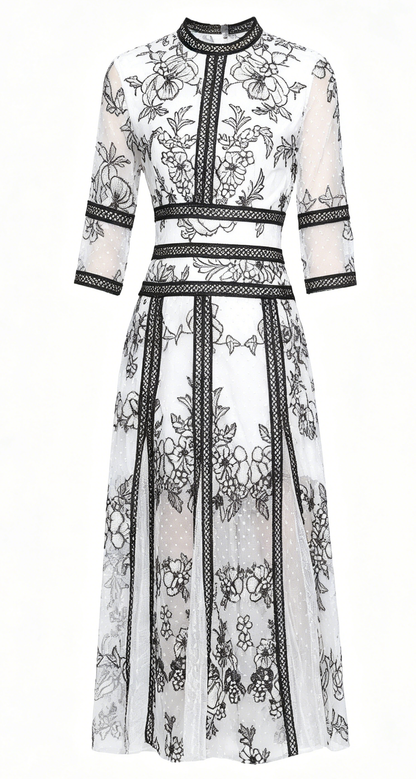 Elegant Embroidered Mesh Midi Dress – Black & White - LAI MENG FIVE CATS