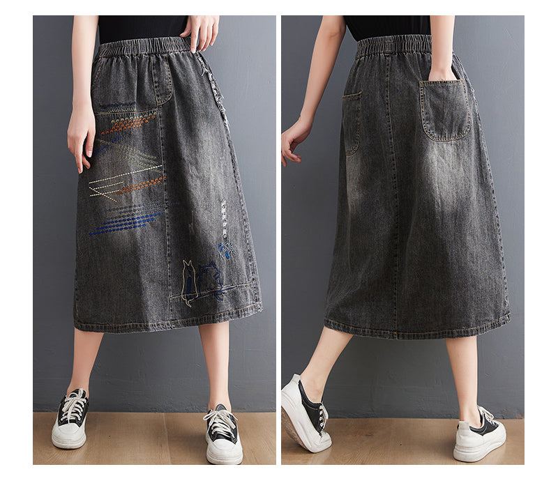 Women's Denim Drawstring Waist Pockets Jean Skirt