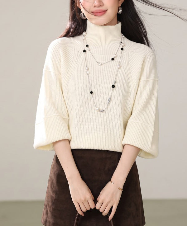 28681-Ribbed Turtleneck Flare-Sleeve Knit Sweater – Black & White