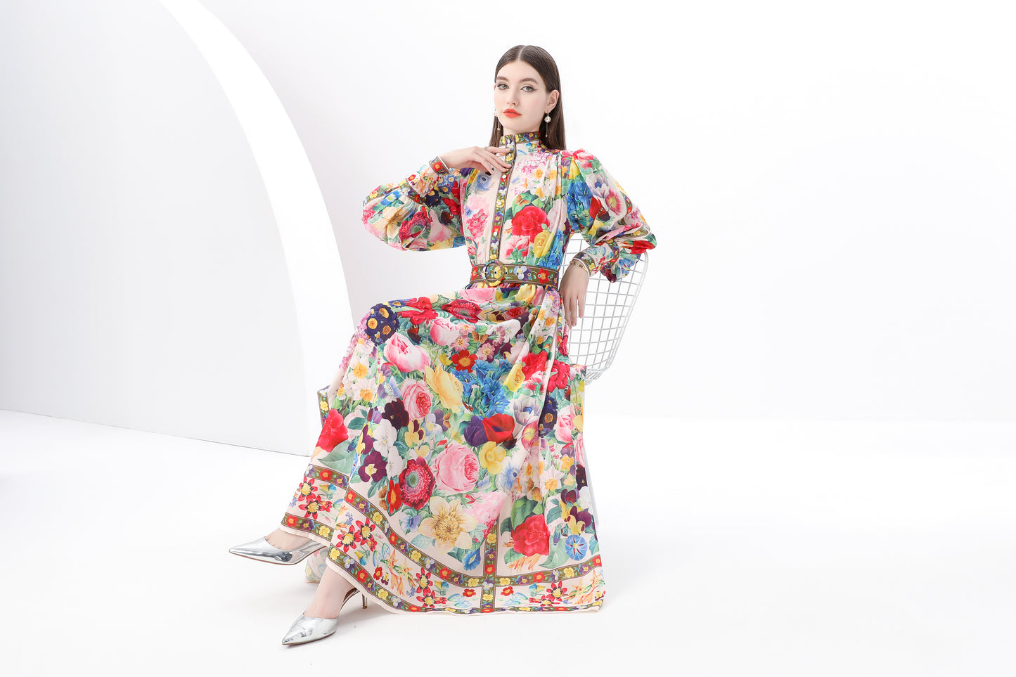 Women's Printed High-neck Puff Sleeves Maxi Dress