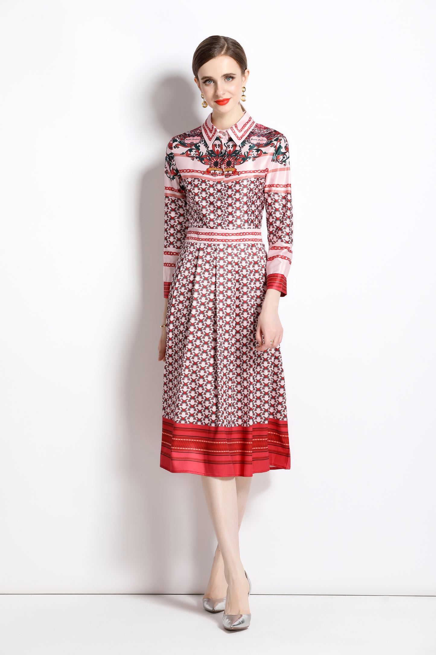 FSY-Women's Floral Print Button A-line Flowy Midi Dress