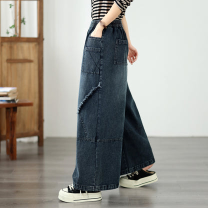 Vintage Denim Wide Leg Pants - Women's Patchwork Jeans Trousers