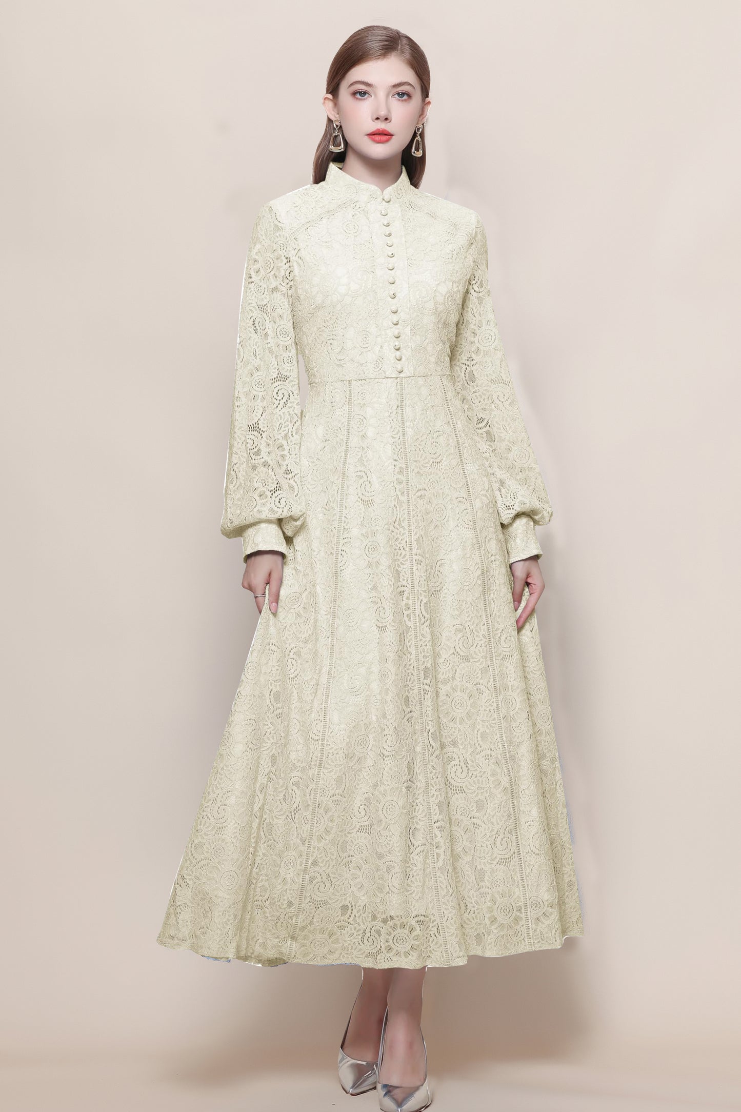 Women's Lace Mandarin Collar High Waist Maxi Dress - LAI MENG FIVE CATS