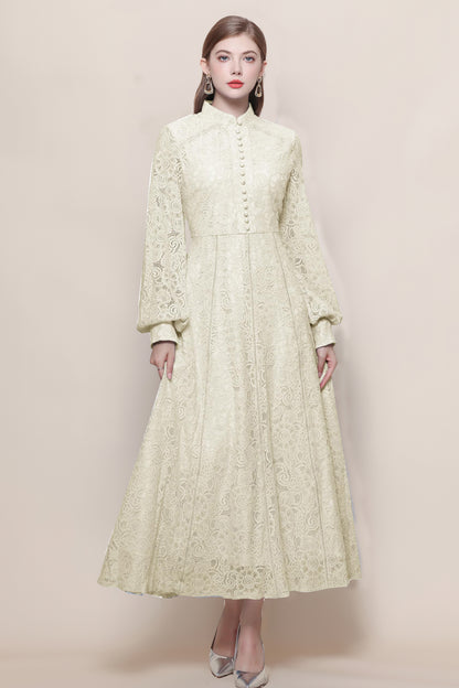 Women's Lace Mandarin Collar High Waist Maxi Dress - LAI MENG FIVE CATS